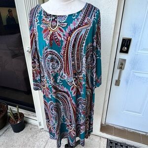 ROZ & ALI.Teal Multicolored Paisley Printed 3/4 Sleeve Dress.Round Neckl…